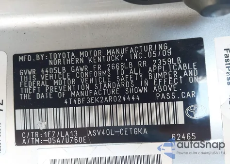 2010 Toyota Camry Xle from USA, damaged, VIN 4T4BF3EK2AR024444
